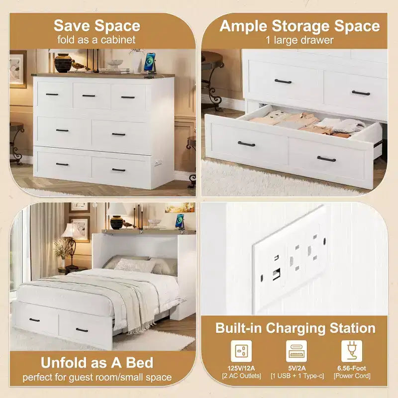 Grigio/Bianco, Letto a scomparsa Full/Queen con stazione di ricarica e cassetto portaoggetti, 1 posto letto