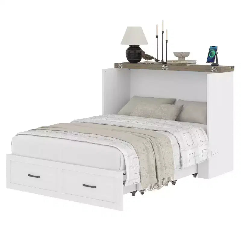 Grigio/Bianco, Letto a scomparsa Full/Queen con stazione di ricarica e cassetto portaoggetti, 1 posto letto