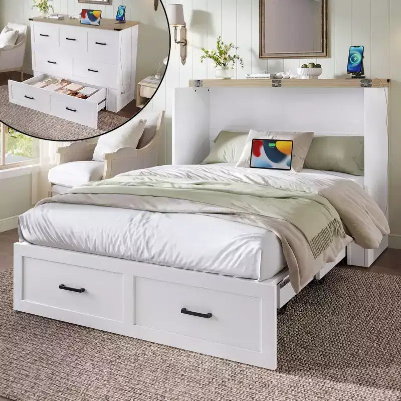 Grigio/Bianco, Letto a scomparsa Full/Queen con stazione di ricarica e cassetto portaoggetti, 1 posto letto