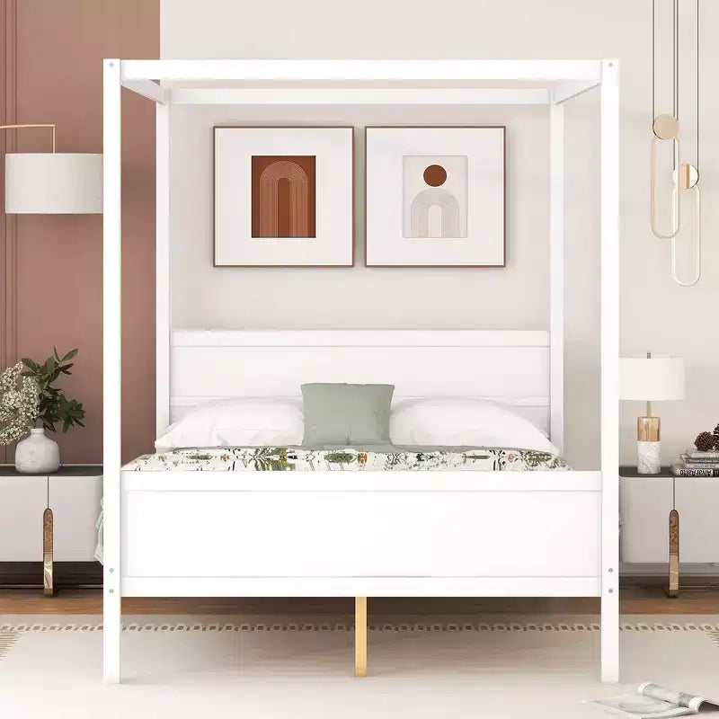 Letto a baldacchino White Queen/Espresso con testiera, pediera e cassetti contenitore, per 1-2 persone
