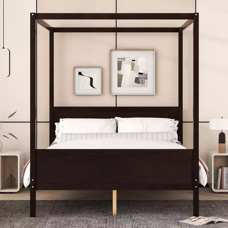 Letto a baldacchino White Queen/Espresso con testiera, pediera e cassetti contenitore, per 1-2 persone
