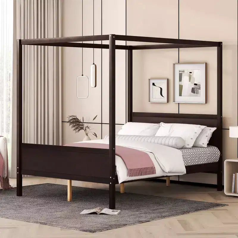 Whisen Queen Size Canopy Bed with Headboard & Footboard, Under-Bed Storage & Decor-Friendly Design