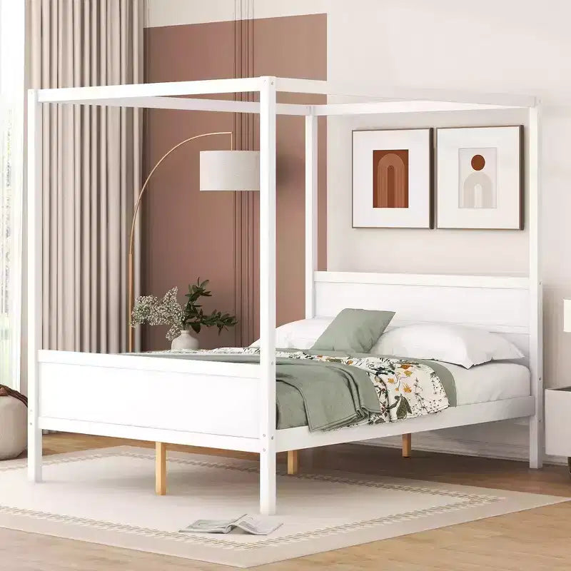 Letto a baldacchino White Queen/Espresso con testiera, pediera e cassetti contenitore, per 1-2 persone