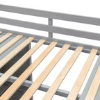 Letto a soppalco full size grigio/bianco con appendiabiti, mensole pieghevoli e scrivania integrata, 1 posto letto