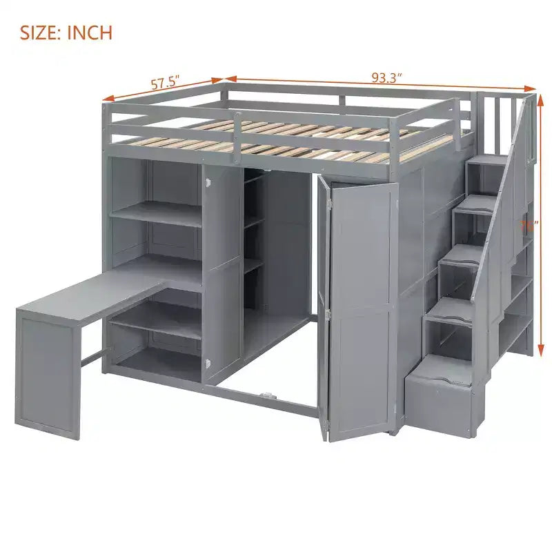 Letto a soppalco full size grigio/bianco con appendiabiti, mensole pieghevoli e scrivania integrata, 1 posto letto