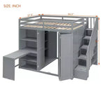 Letto a soppalco full size grigio/bianco con appendiabiti, mensole pieghevoli e scrivania integrata, 1 posto letto