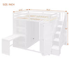 Letto a soppalco full size grigio/bianco con appendiabiti, mensole pieghevoli e scrivania integrata, 1 posto letto