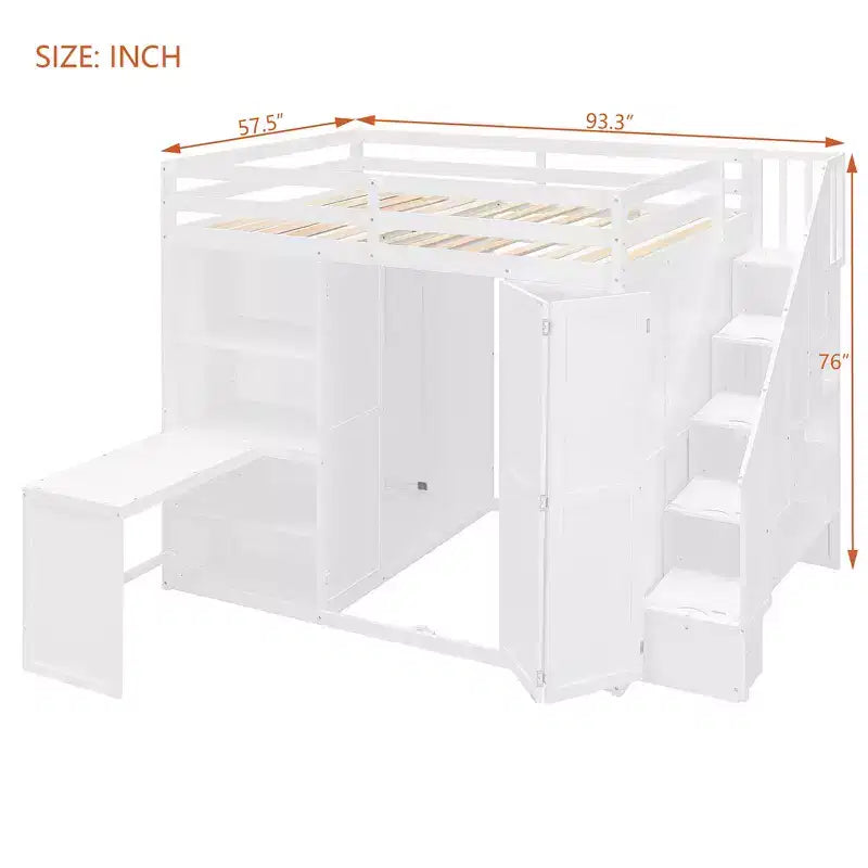 Letto a soppalco full size grigio/bianco con appendiabiti, mensole pieghevoli e scrivania integrata, 1 posto letto