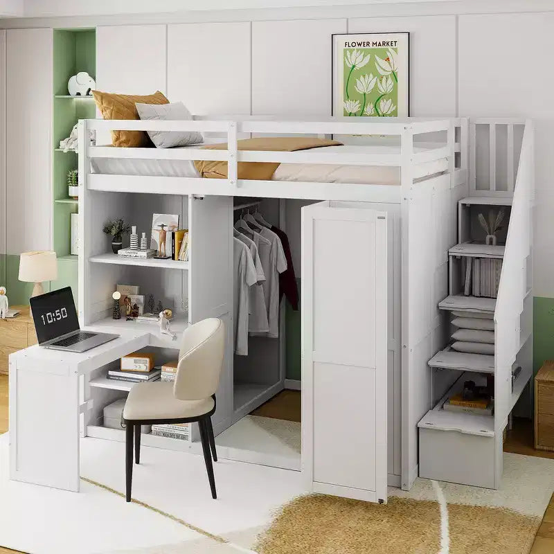 Letto a soppalco full size grigio/bianco con appendiabiti, mensole pieghevoli e scrivania integrata, 1 posto letto