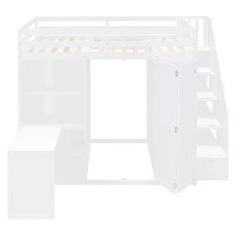 Letto a soppalco full size grigio/bianco con appendiabiti, mensole pieghevoli e scrivania integrata, 1 posto letto
