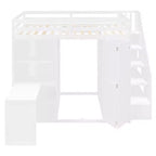 Letto a soppalco full size grigio/bianco con appendiabiti, mensole pieghevoli e scrivania integrata, 1 posto letto