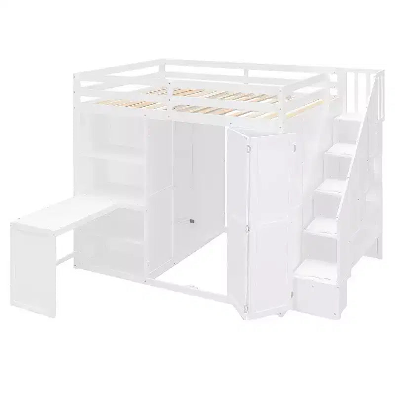 Letto a soppalco full size grigio/bianco con appendiabiti, mensole pieghevoli e scrivania integrata, 1 posto letto