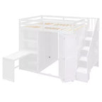 Letto a soppalco full size grigio/bianco con appendiabiti, mensole pieghevoli e scrivania integrata, 1 posto letto