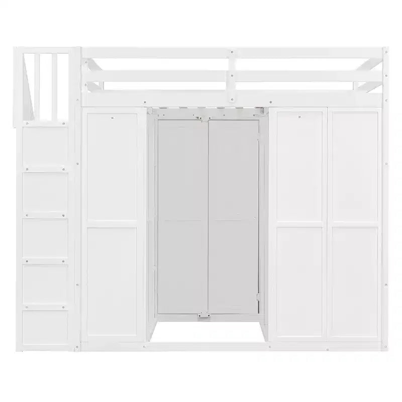 Letto a soppalco full size grigio/bianco con appendiabiti, mensole pieghevoli e scrivania integrata, 1 posto letto