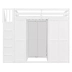 Letto a soppalco full size grigio/bianco con appendiabiti, mensole pieghevoli e scrivania integrata, 1 posto letto
