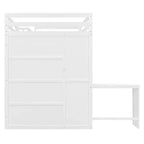 Letto a soppalco full size grigio/bianco con appendiabiti, mensole pieghevoli e scrivania integrata, 1 posto letto