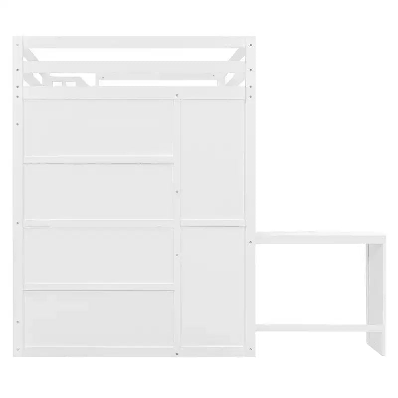 Letto a soppalco full size grigio/bianco con appendiabiti, mensole pieghevoli e scrivania integrata, 1 posto letto