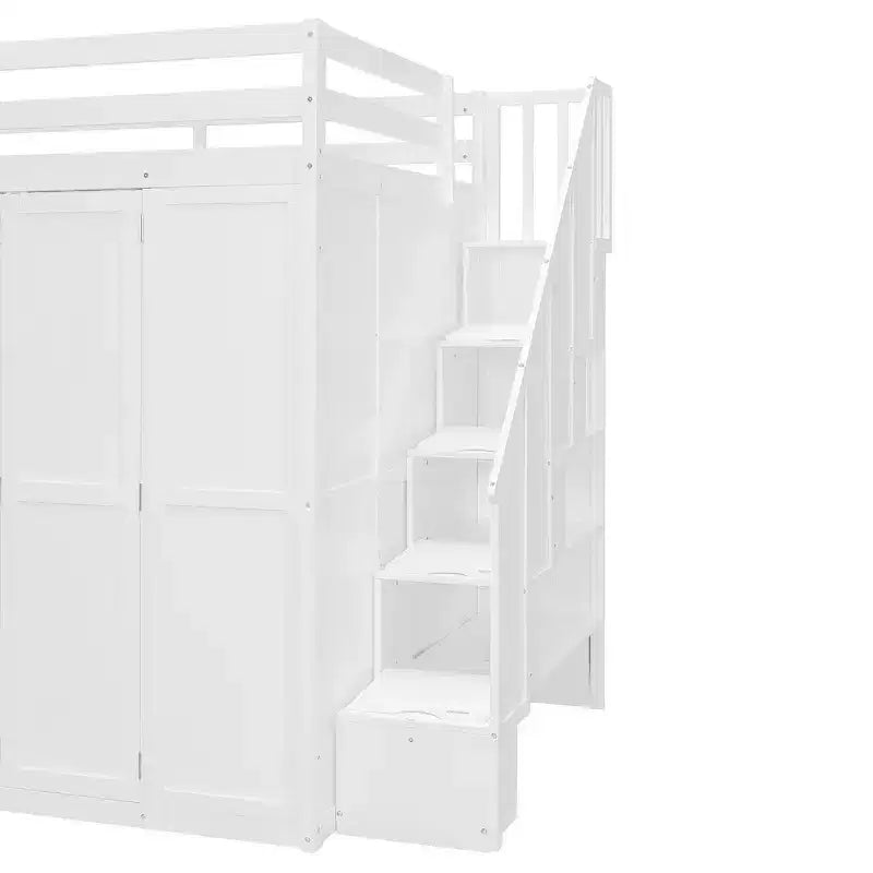 Letto a soppalco full size grigio/bianco con appendiabiti, mensole pieghevoli e scrivania integrata, 1 posto letto