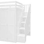 Letto a soppalco full size grigio/bianco con appendiabiti, mensole pieghevoli e scrivania integrata, 1 posto letto