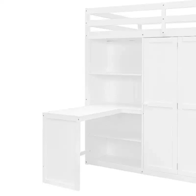 Letto a soppalco full size grigio/bianco con appendiabiti, mensole pieghevoli e scrivania integrata, 1 posto letto