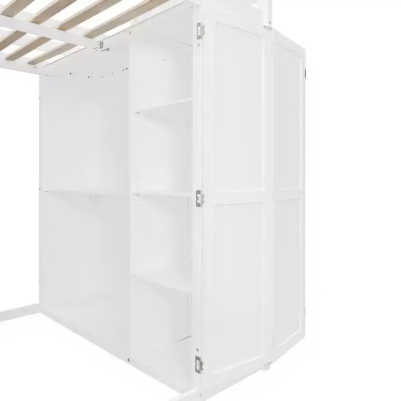 Letto a soppalco full size grigio/bianco con appendiabiti, mensole pieghevoli e scrivania integrata, 1 posto letto