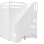 Letto a soppalco full size grigio/bianco con appendiabiti, mensole pieghevoli e scrivania integrata, 1 posto letto