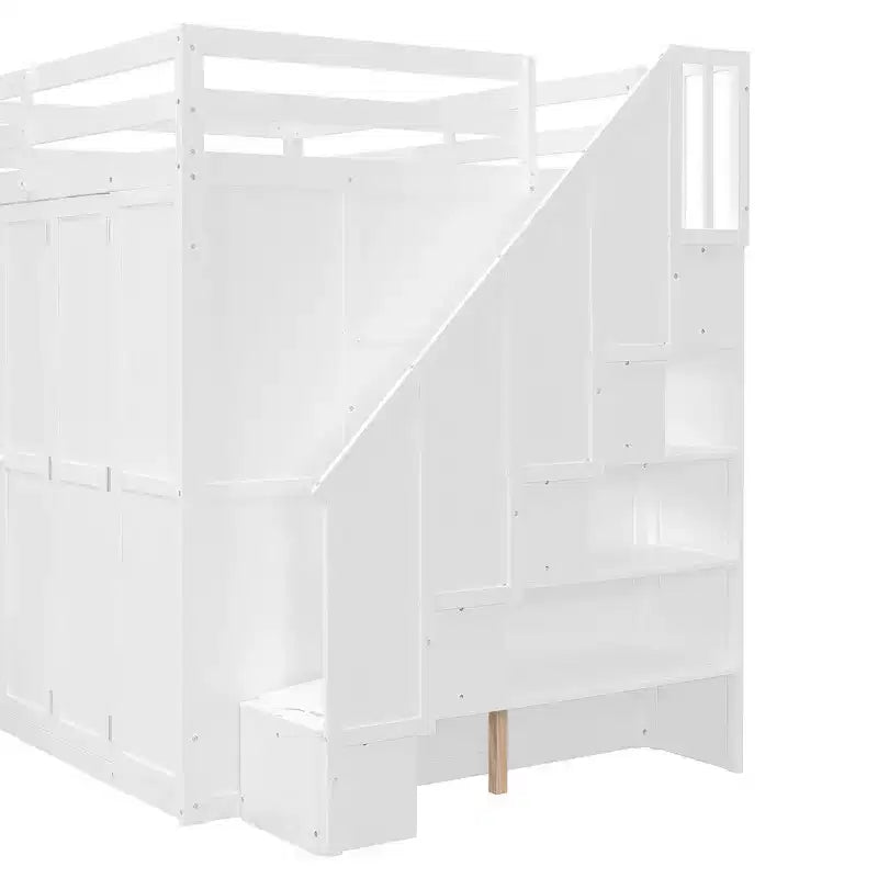 Letto a soppalco full size grigio/bianco con appendiabiti, mensole pieghevoli e scrivania integrata, 1 posto letto