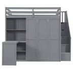 Letto a soppalco full size grigio/bianco con appendiabiti, mensole pieghevoli e scrivania integrata, 1 posto letto