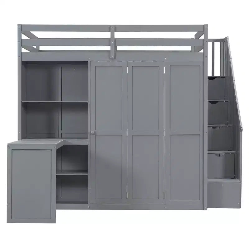 Letto a soppalco full size grigio/bianco con appendiabiti, mensole pieghevoli e scrivania integrata, 1 posto letto