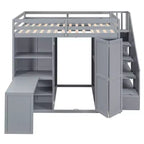 Letto a soppalco full size grigio/bianco con appendiabiti, mensole pieghevoli e scrivania integrata, 1 posto letto