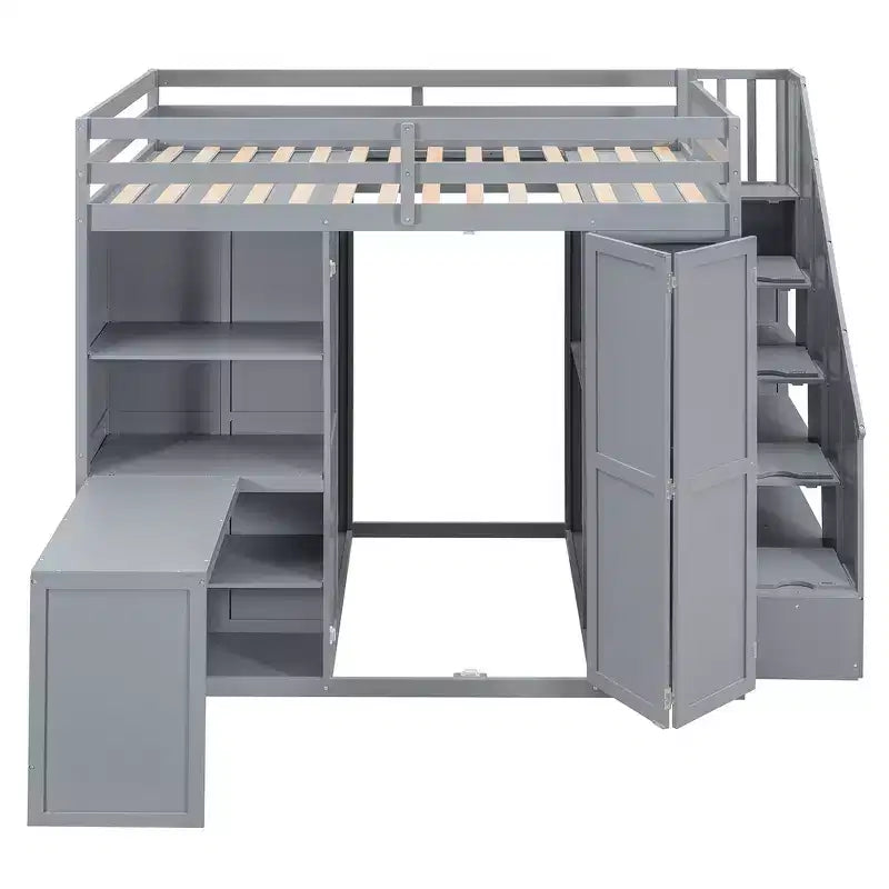 Letto a soppalco full size grigio/bianco con appendiabiti, mensole pieghevoli e scrivania integrata, 1 posto letto