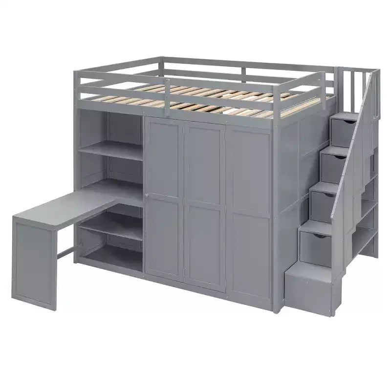 Letto a soppalco full size grigio/bianco con appendiabiti, mensole pieghevoli e scrivania integrata, 1 posto letto
