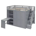 Letto a soppalco full size grigio/bianco con appendiabiti, mensole pieghevoli e scrivania integrata, 1 posto letto