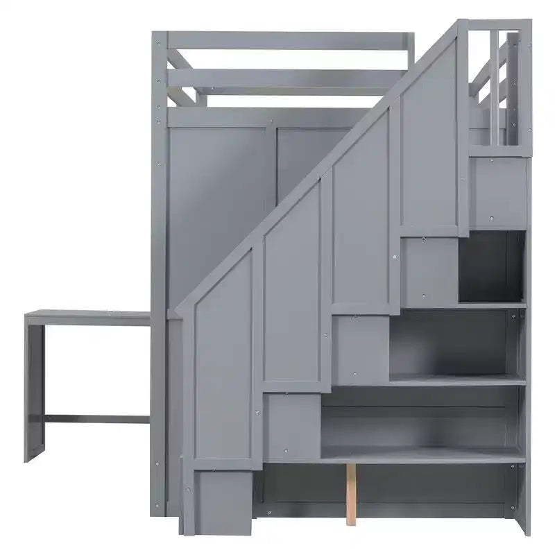 Letto a soppalco full size grigio/bianco con appendiabiti, mensole pieghevoli e scrivania integrata, 1 posto letto
