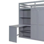 Letto a soppalco full size grigio/bianco con appendiabiti, mensole pieghevoli e scrivania integrata, 1 posto letto