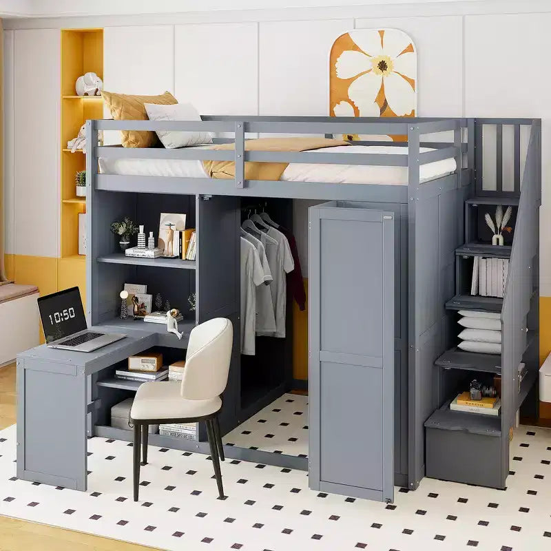 Letto a soppalco full size grigio/bianco con appendiabiti, mensole pieghevoli e scrivania integrata, 1 posto letto
