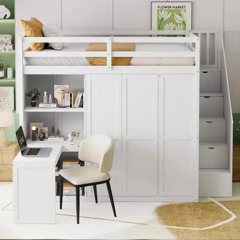 Whisen Full Size Loft Bed, Wardrobe Racks, Foldable Shelves & Desks for Organized Living