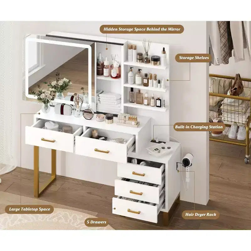Scrivania da trucco bianca con specchio illuminato, 5 cassetti e 3 ripiani, singola