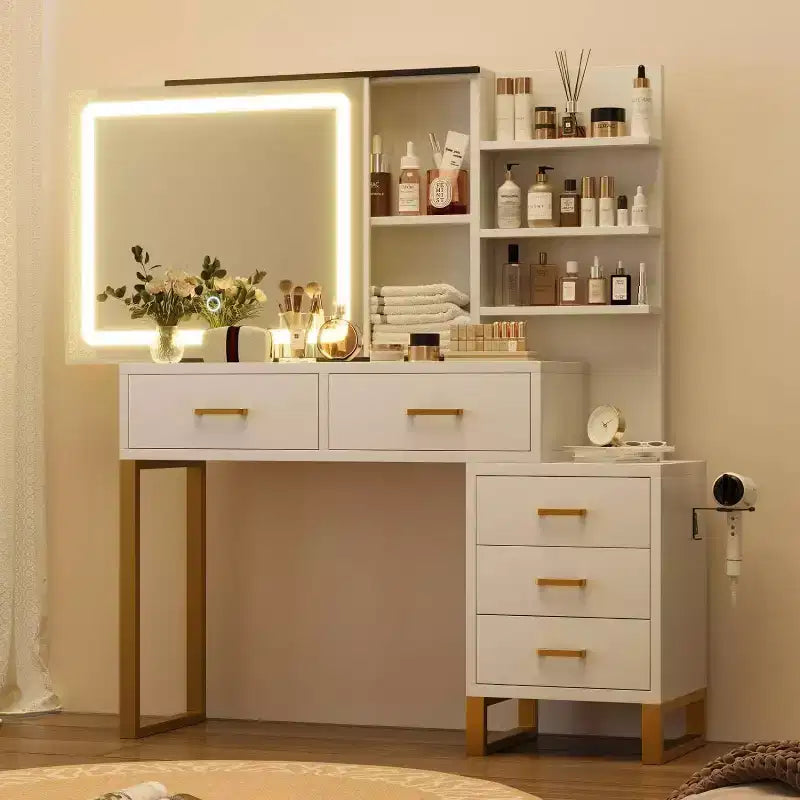 Scrivania da trucco bianca con specchio illuminato, 5 cassetti e 3 ripiani, singola
