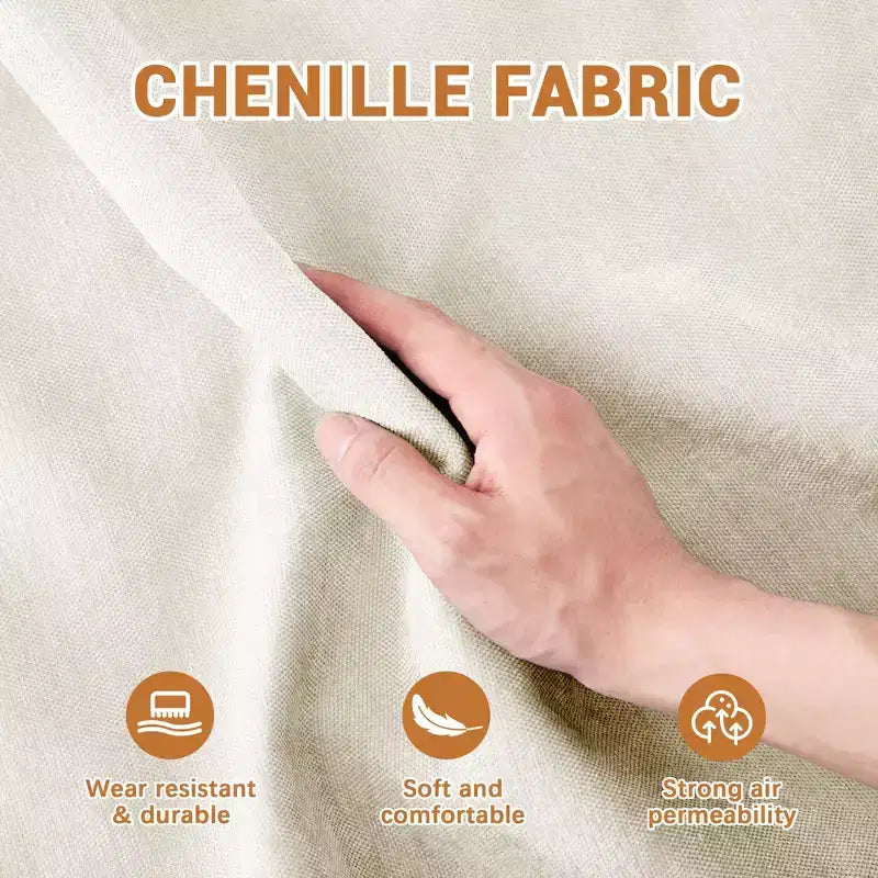 Divano a 4 posti in ciniglia beige con cuscini lombari