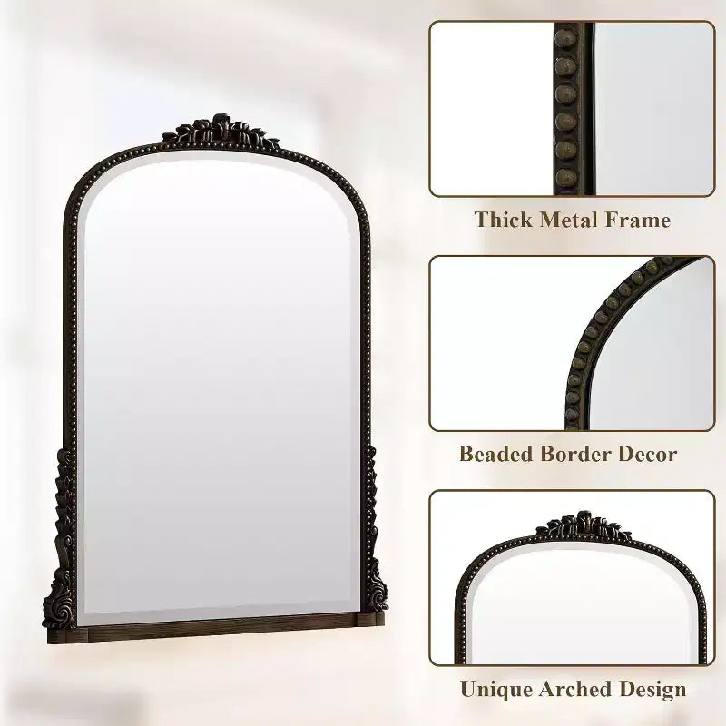 Specchio da parete dorato ad arco con perline, singolo, 40x28 pollici