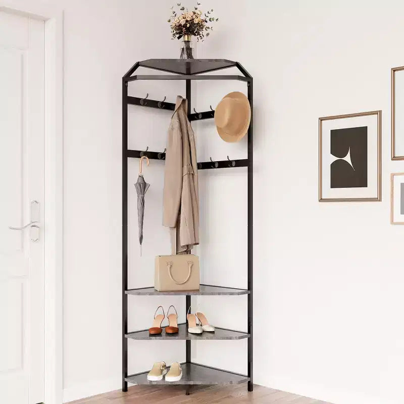 Appendiabiti da ingresso ad angolo autoportante con panca porta scarpe, 12 ganci doppi, in color oro/retrò/grigio pietra