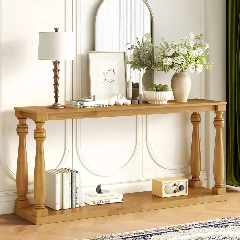 Vintage Wood-Grain Console Table, Vase Legs, Base Shelf, for Entryway, Hallway, Living Room, Bedroom
