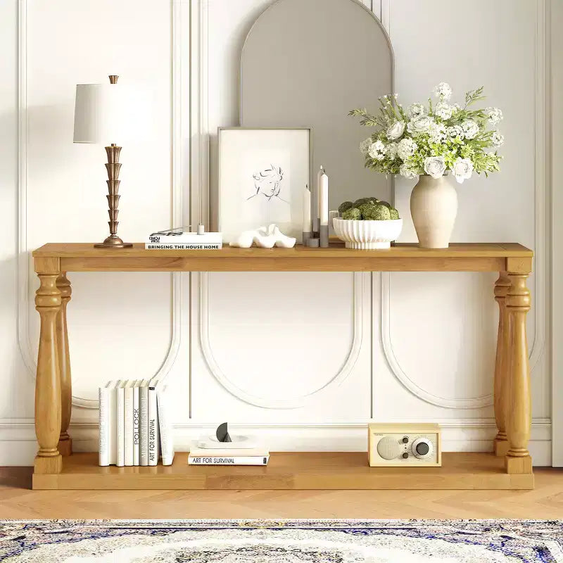 Consolle beige, gambe a vaso con ripiano inferiore, 1 posto