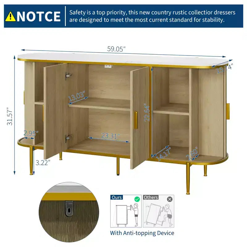 Madia buffet scanalata bianca e oro con gambe in metallo, 150 cm