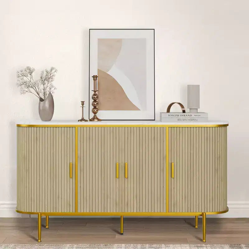Madia buffet scanalata bianca e oro con gambe in metallo, 150 cm