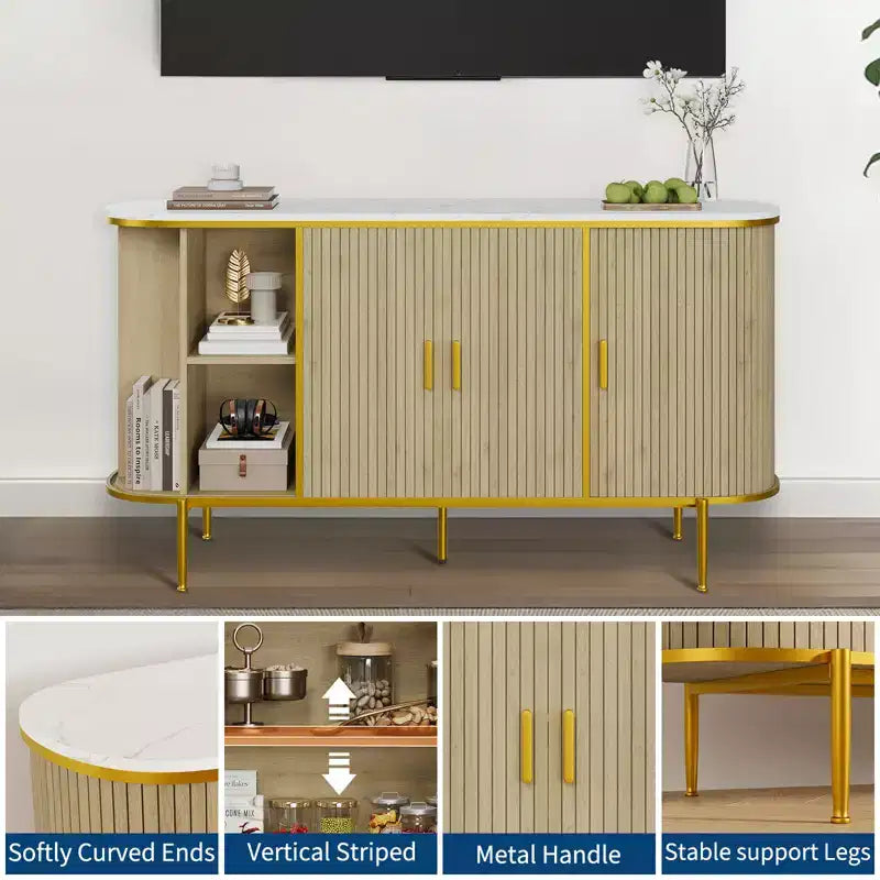 Madia buffet scanalata bianca e oro con gambe in metallo, 150 cm
