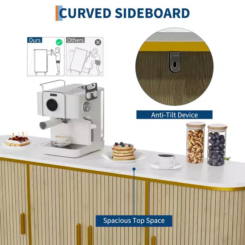 Madia buffet scanalata bianca e oro con gambe in metallo, 150 cm