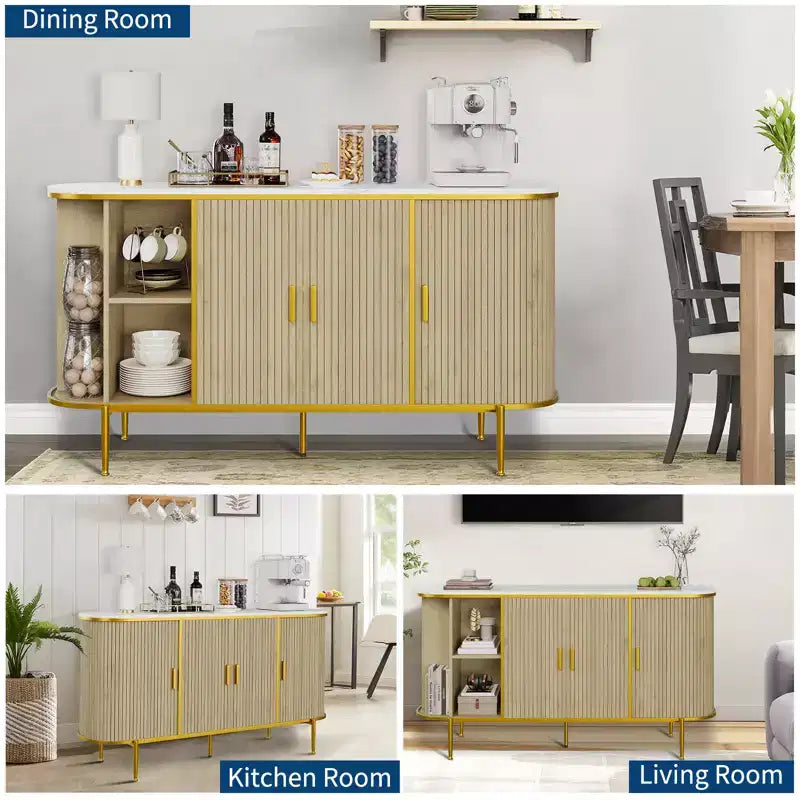 Madia buffet scanalata bianca e oro con gambe in metallo, 150 cm