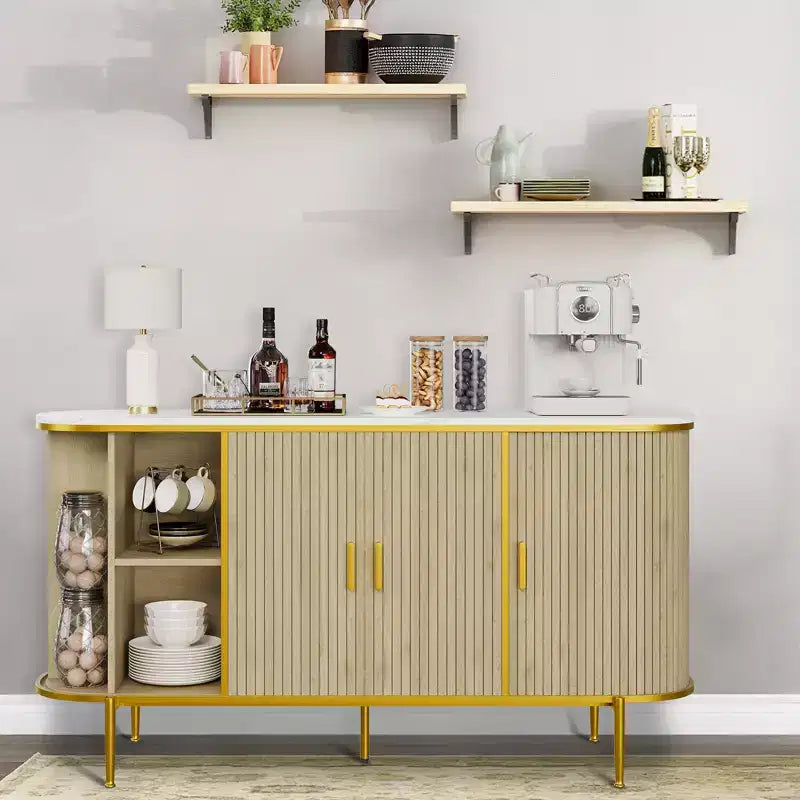 Madia buffet scanalata bianca e oro con gambe in metallo, 150 cm